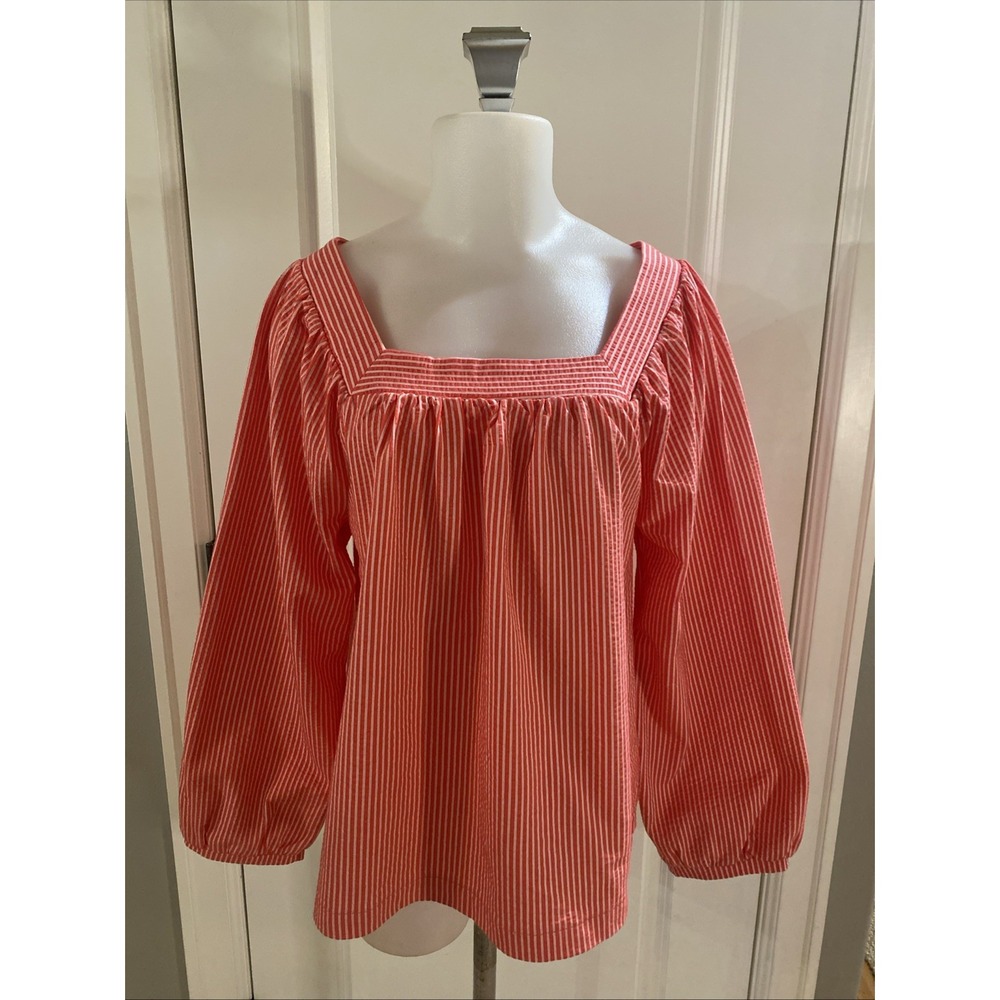 J Crew Striped Blouse Womens Size L Red White Balloon Sleeve Beachy Boho